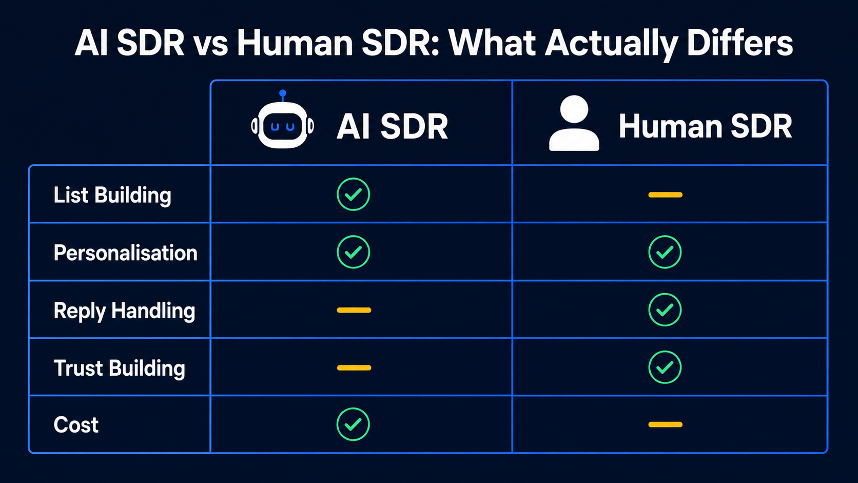 AI SDR vs Human SDR: What Actually Differs — comparison table with five rows: List Building (AI SDR: yes, Human SDR: partial), Personalisation (both: yes), Reply Handling (AI SDR: partial, Human SDR: yes), Trust Building (AI SDR: partial, Human SDR: yes), Cost (AI SDR: yes, Human SDR: partial)