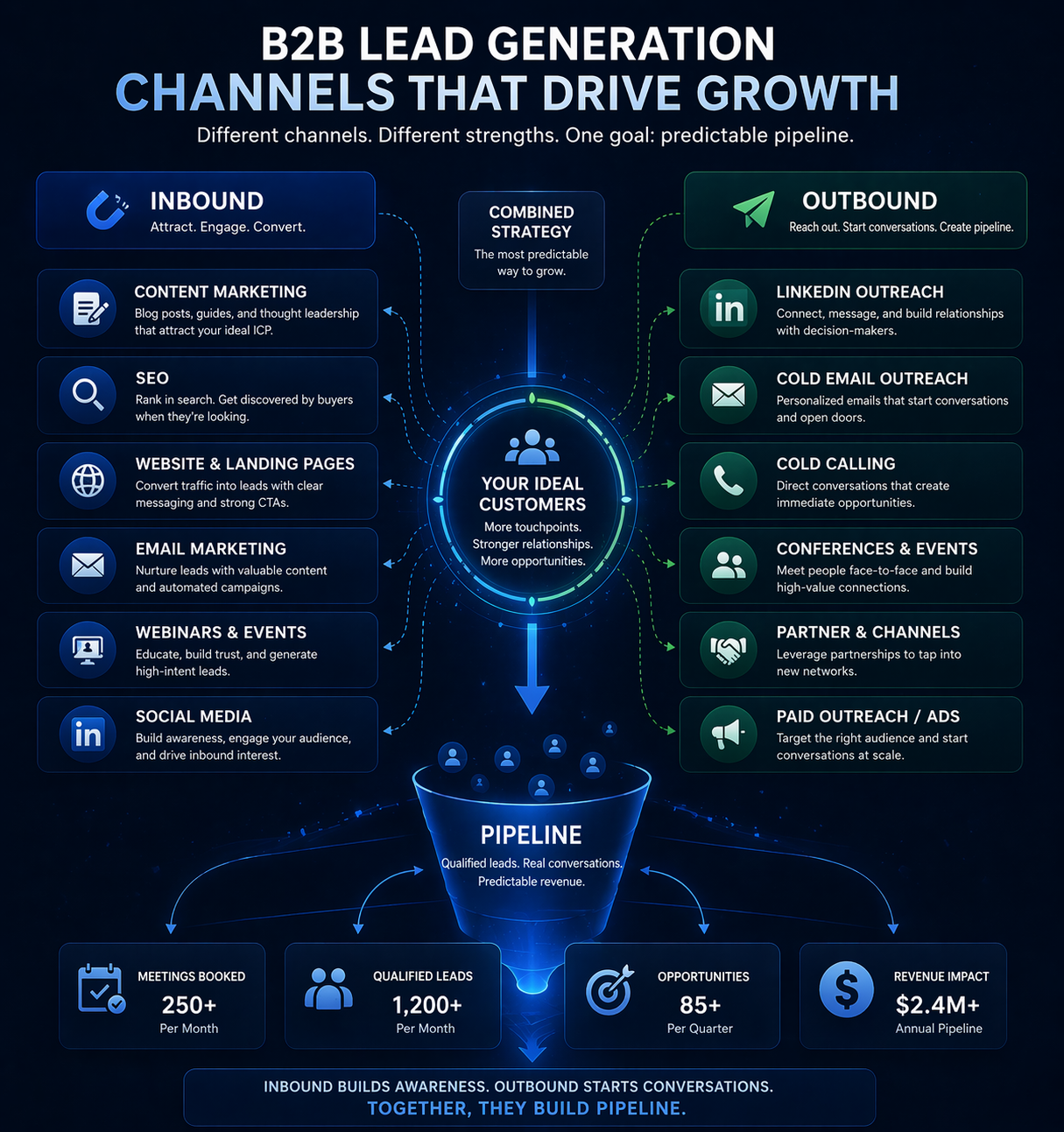 B2B Lead Generation Channels That Drive Growth — Inbound and Outbound channels converging into Your Ideal Customers and flowing into a pipeline funnel with 250+ meetings, 1,200+ qualified leads, 85+ opportunities, and $2.4M+ revenue impact