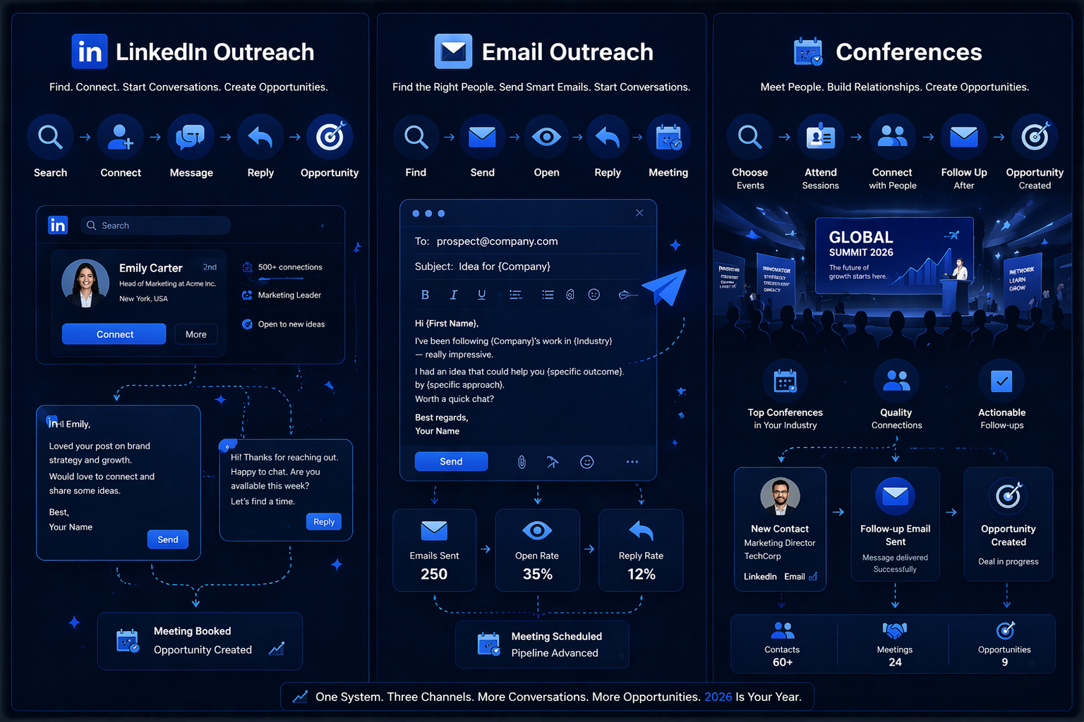 LinkedIn Outreach, Email Outreach, and Conferences — three B2B lead generation channels with step-by-step flows and pipeline outcomes
