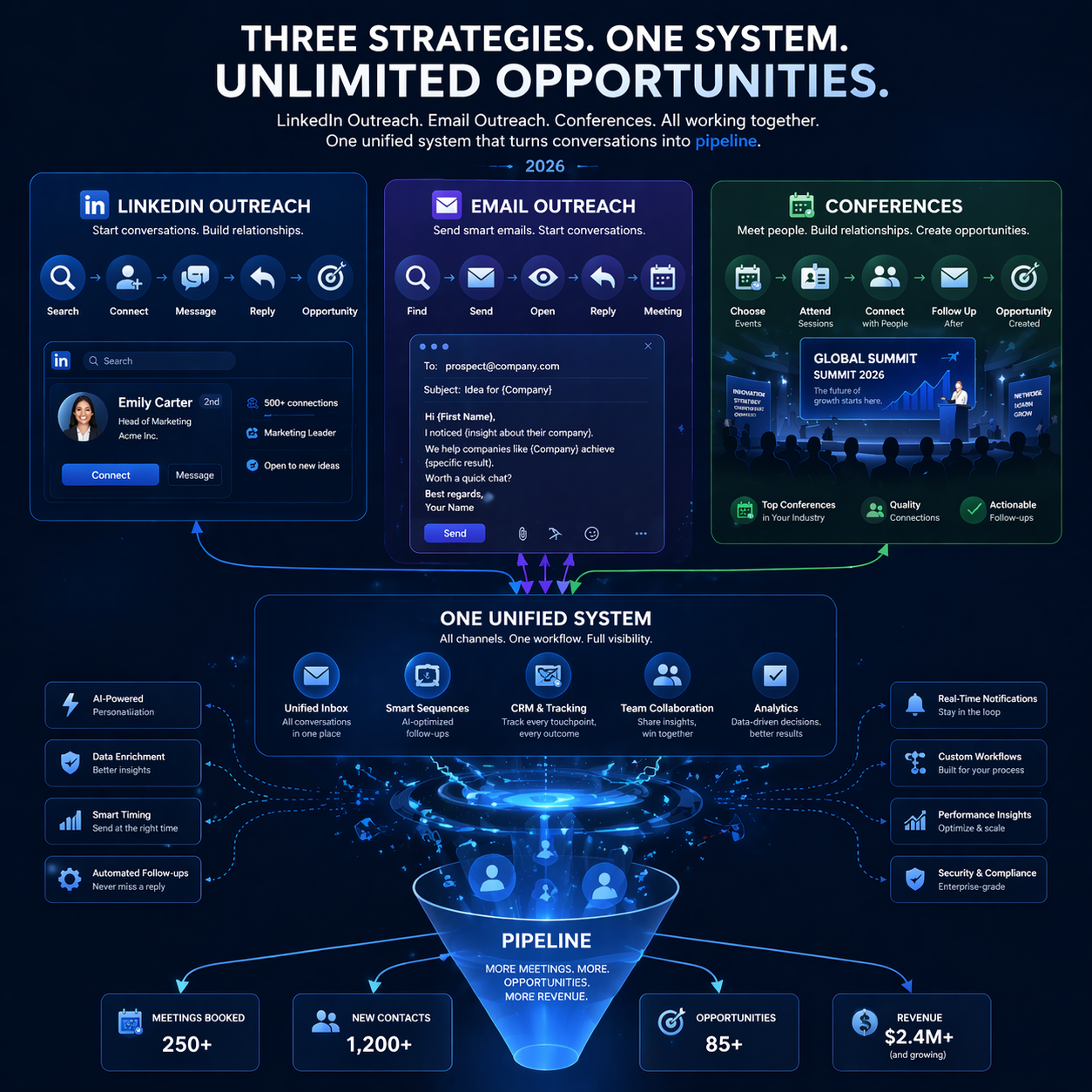 Three Strategies. One System. Unlimited Opportunities. — LinkedIn Outreach, Email Outreach, and Conferences feeding into one unified pipeline system with 250+ meetings booked, 1,200+ new contacts, 85+ opportunities, and $2.4M+ revenue