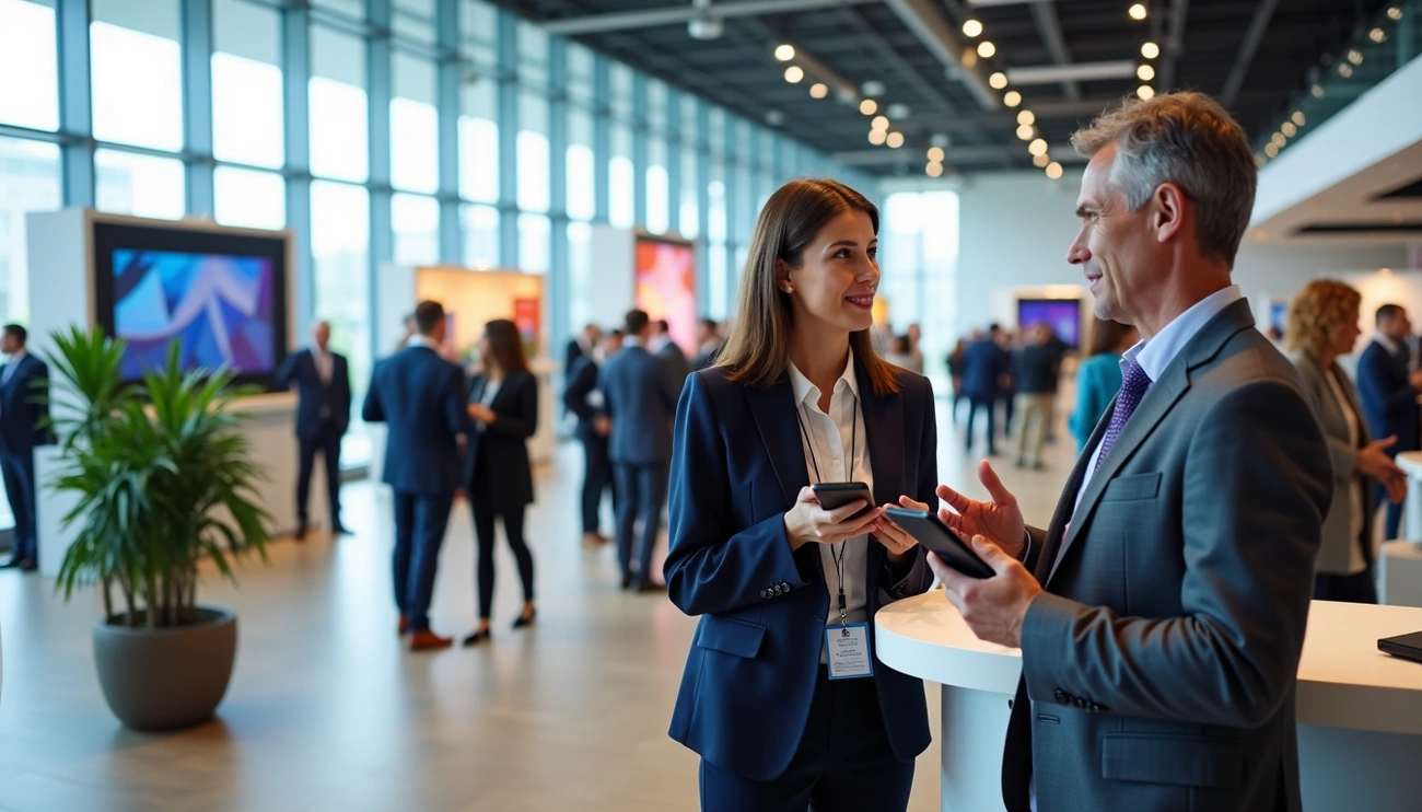 Conference Lead Generation for B2B: professionals networking at a modern trade show exhibition hall