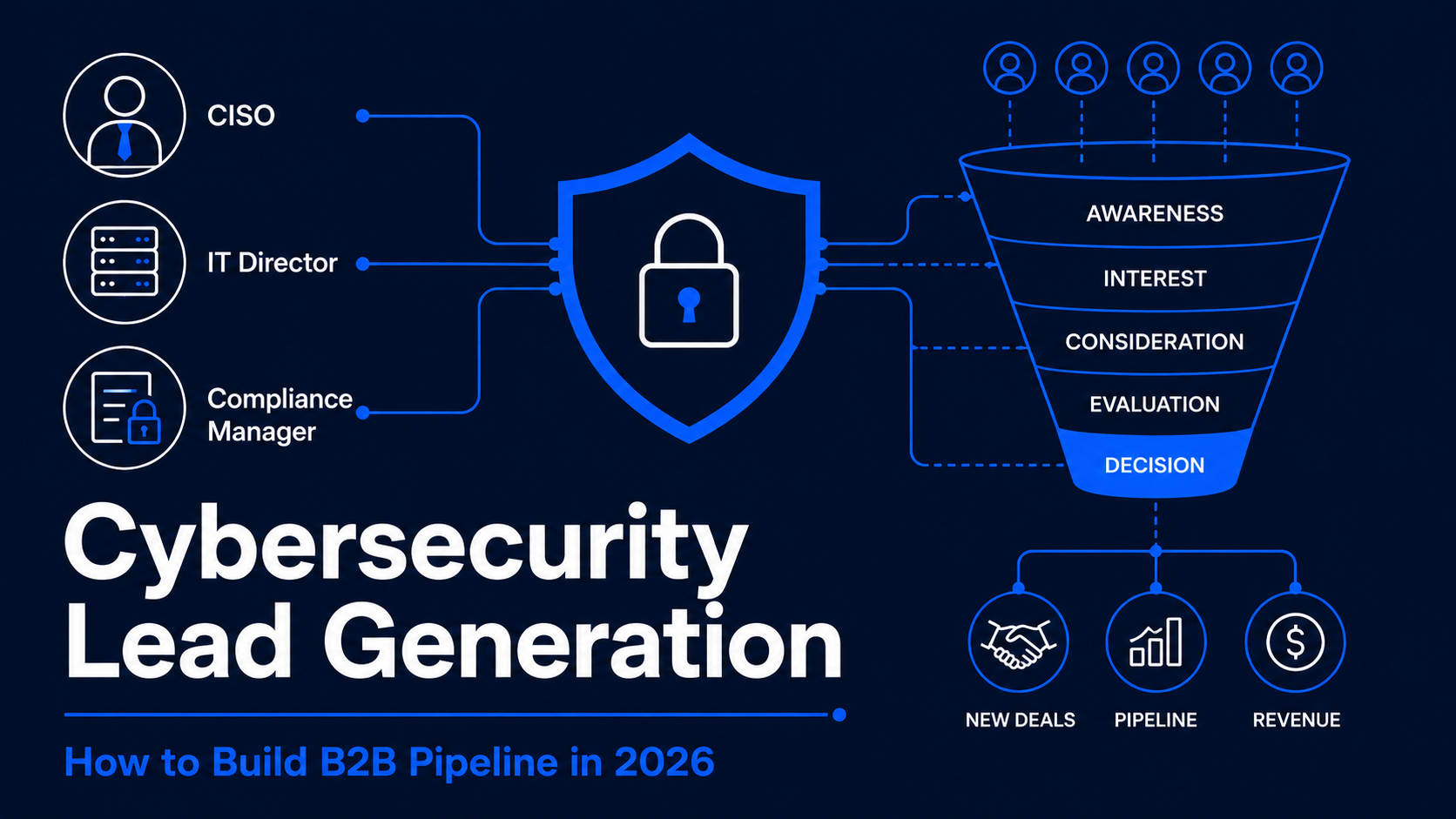 Cybersecurity Lead Generation: How to Build B2B Pipeline in 2026 — shield icon connected to a sales funnel showing Awareness through Decision stages, with New Deals, Pipeline, and Revenue outcomes