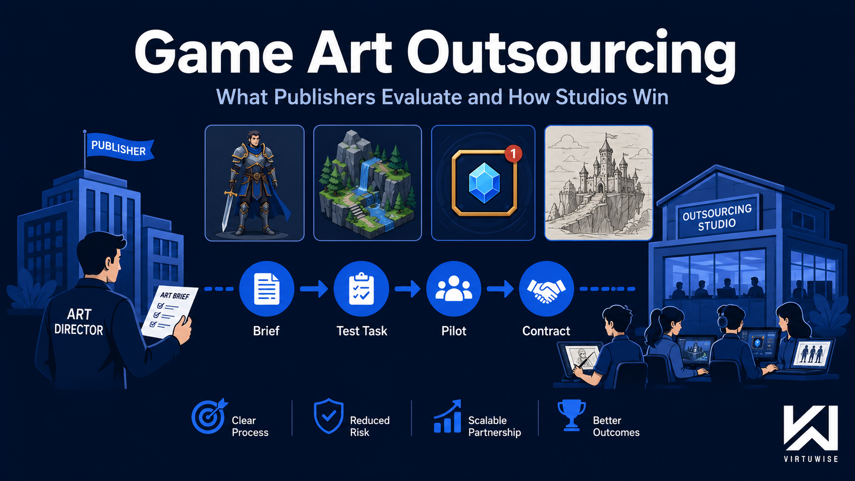 Game Art Outsourcing: What Publishers Evaluate and How Studios Win Contracts — flow diagram showing Art Director reviewing brief, test task, pilot, and contract stages with outsourcing studio, plus portfolio samples including character art, environment, UI gem, and concept sketch