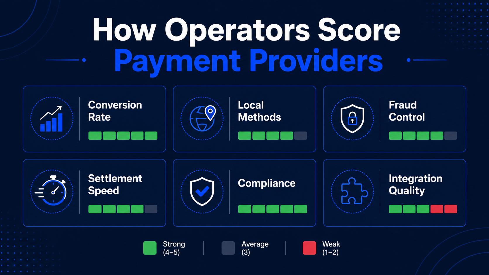 How Operators Score Payment Providers — 6 criteria rated Strong/Average/Weak: Conversion Rate (Strong), Local Methods (Strong), Fraud Control (Strong), Settlement Speed (Strong), Compliance (Strong), Integration Quality (Average/Weak)