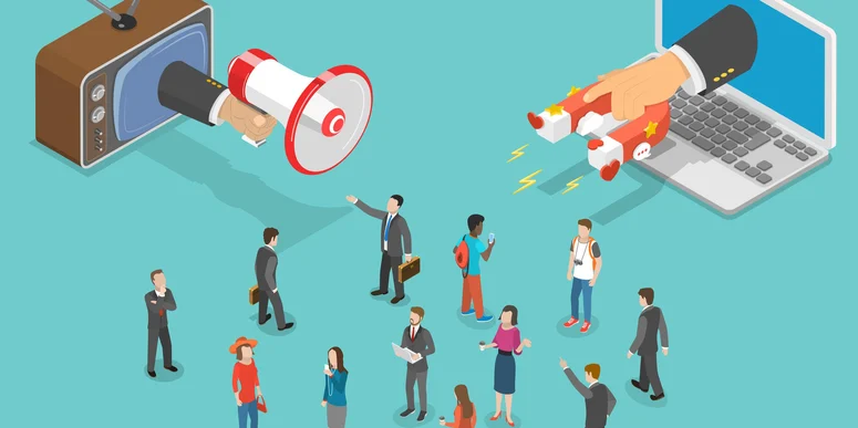 Inbound vs Outbound Marketing: outbound pushes messages through TV and megaphone while inbound attracts prospects through digital channels